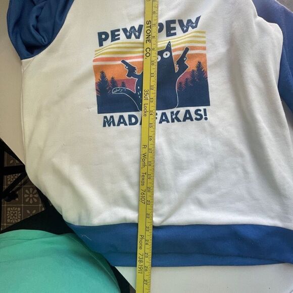 Black Cat Graphic Pew Pew Madafakas! Raglan Sweatshirt Blue & White XXL - Picture 4 of 8